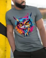 Color Splash Owl T-Shirt with Vibrant Artistic Design - model in grey shirt leaning against column