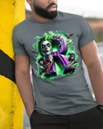 Green Haired Gothic Clown T-Shirt with Purple R Horror Art - model in grey shirt leaning against column