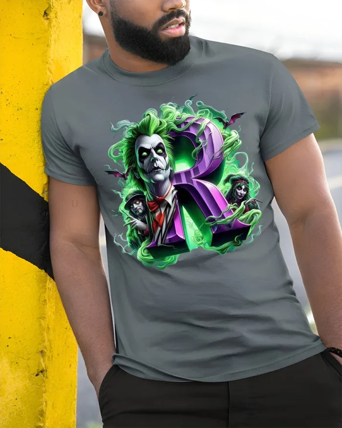 Green Haired Gothic Clown T-Shirt with Purple R Horror Art - model in grey shirt leaning against column