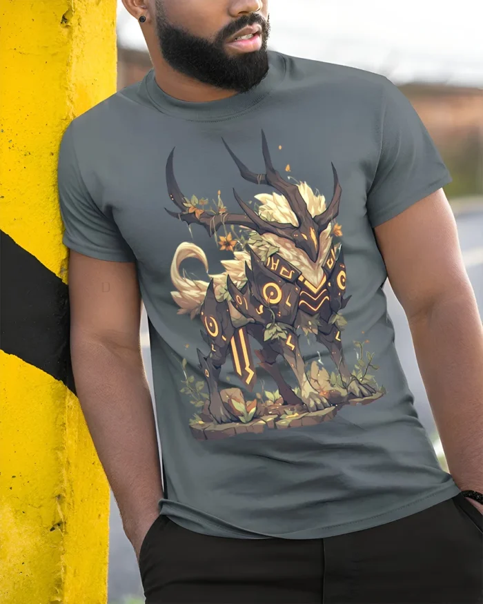 Mythic Forest Guardian Creature T-Shirt for Fantasy Lovers - model in grey shirt leaning against column