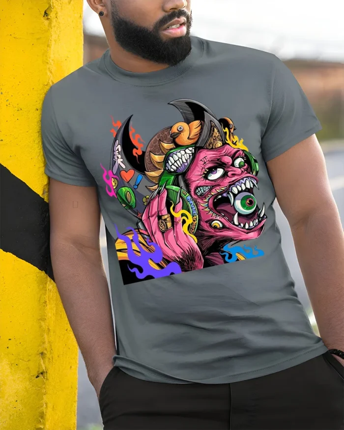Psychedelic Monster T-Shirt with Eye-Popping Demon Art - model in grey shirt leaning against column
