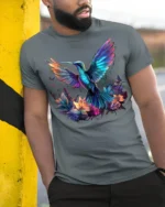 Vibrant Hummingbird and Flowers T-Shirt for Nature Lovers - model in grey shirt leaning against column