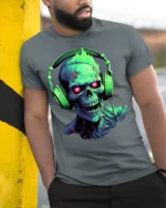 Neon Zombie Skull T-Shirt with Headphones Horror Design - model in grey shirt leaning against column