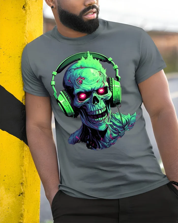 Neon Zombie Skull T-Shirt with Headphones Horror Design - model in grey shirt leaning against column