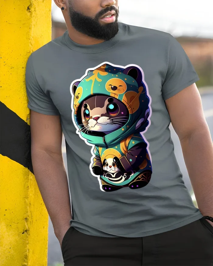 Cute Otter Hoodie T-Shirt with Cartoon Kawaii Animal Art - model in grey shirt leaning against column