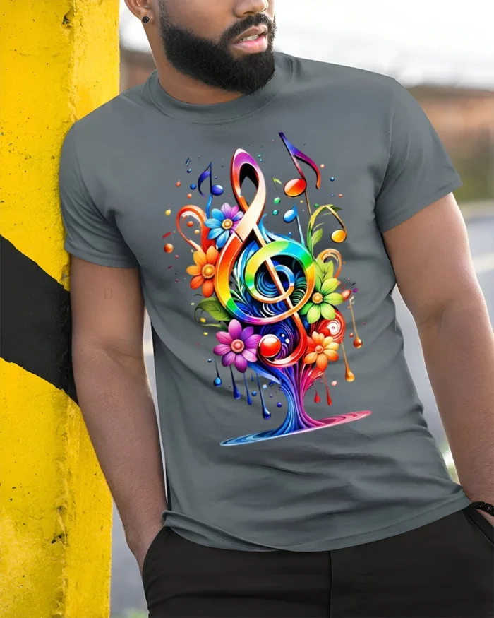 Rainbow Music Tree T-Shirt with Colorful Floral Notes - model in grey shirt leaning against column