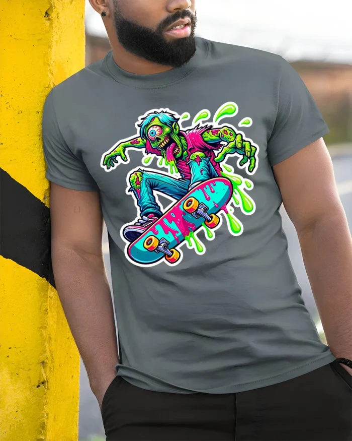 Zombie Skater T-Shirt with Neon Colors and Slime Graphic - model in grey shirt leaning against column