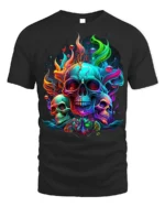 Psychedelic Skull T-Shirt Colorful Gothic Flame Design - black t-shirt on white background