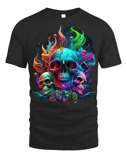 Psychedelic Skull T-Shirt Colorful Gothic Flame Design - black t-shirt on white background