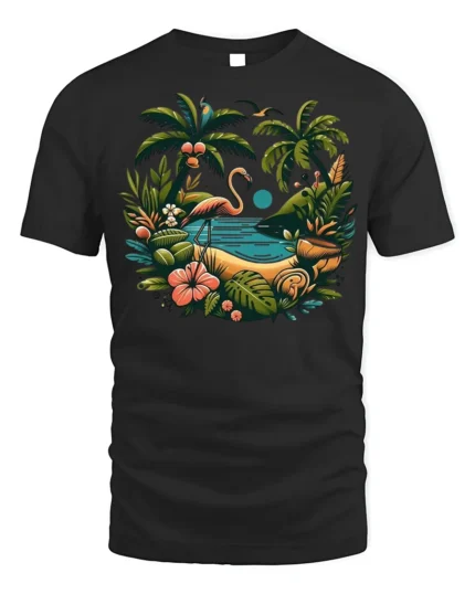 Flamingo Tropical Paradise T-Shirt Island Beach Vibe - black t-shirt on white background