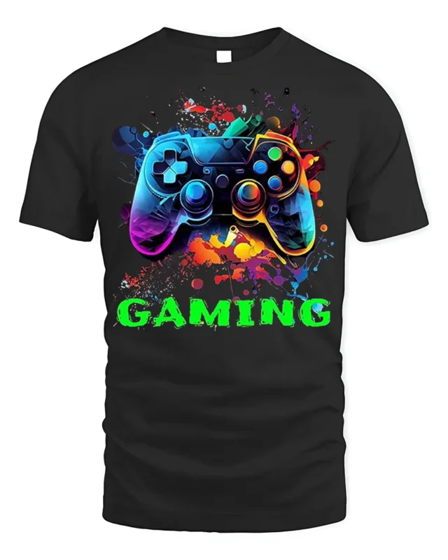 Vibrant Gaming Controller Graphic T-Shirt for Gamers - black t-shirt on white background