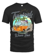 Tropical Beach Surf Van T-Shirt with Vintage Summer Vibe - black t-shirt on white background