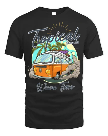 Tropical Beach Surf Van T-Shirt with Vintage Summer Vibe - black t-shirt on white background