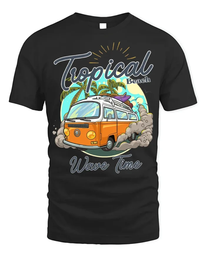 Tropical Beach Surf Van T-Shirt with Vintage Summer Vibe - black t-shirt on white background