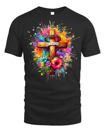 He Is Risen Floral Cross T-Shirt with Color Splash Design - black t-shirt on white background