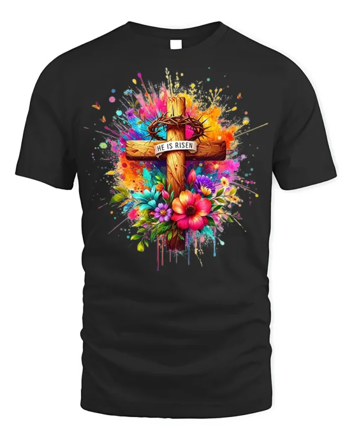 He Is Risen Floral Cross T-Shirt with Color Splash Design - black t-shirt on white background