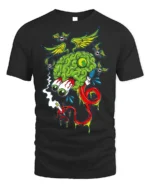 Trippy Brain Cartoon T-Shirt with Flying Eyeballs Design - black t-shirt on white background