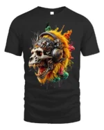 Cyberpunk Lion Skull T-Shirt with Futuristic Headphones - black t-shirt on white background