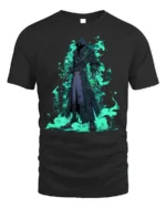 Shadow Mage Fantasy T-Shirt with Glowing Green Flames - black t-shirt on white background