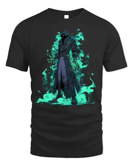 Shadow Mage Fantasy T-Shirt with Glowing Green Flames - black t-shirt on white background