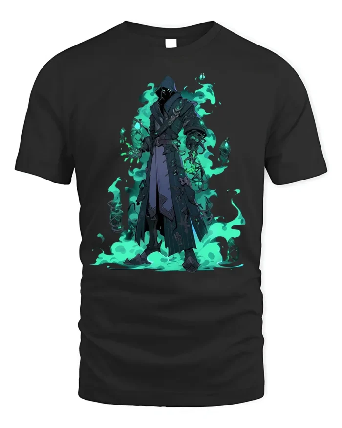 Shadow Mage Fantasy T-Shirt with Glowing Green Flames - black t-shirt on white background
