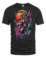 Demon Skull T-Shirt with Neon Tongue and Glowing Eyes - black t-shirt on white background
