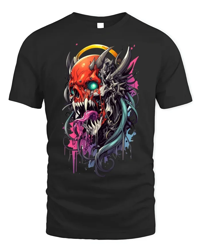 Demon Skull T-Shirt with Neon Tongue and Glowing Eyes - black t-shirt on white background
