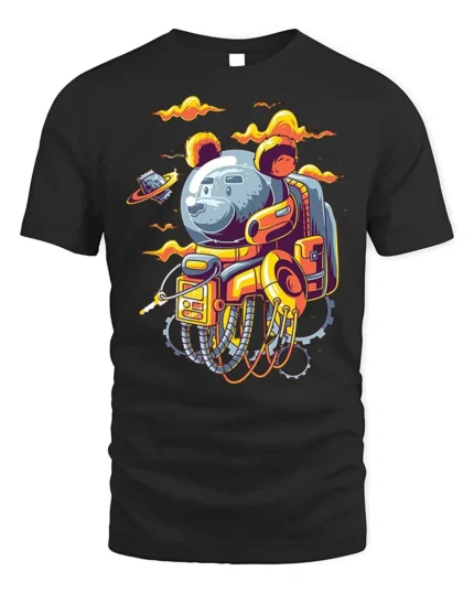 Space Bear Astronaut T-Shirt with Robot Suit Artwork - black t-shirt on white background