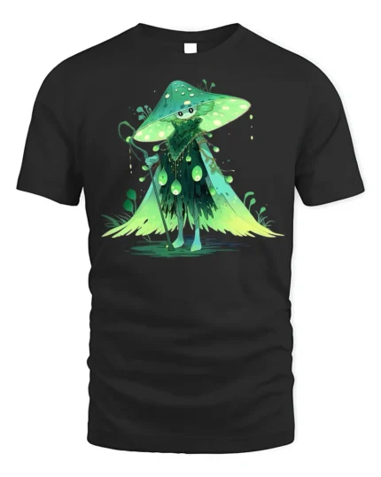 Forest Mushroom Wizard T-Shirt with Enchanted Green Cloak - black t-shirt on white background
