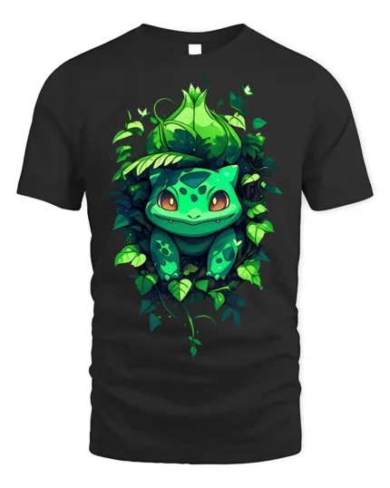 Cute Bulba Inspired T-Shirt Jungle Leaf Creature Design - black t-shirt on white background