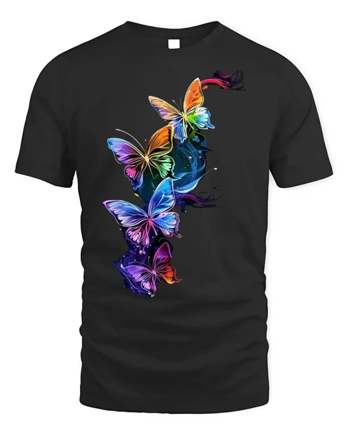 Colorful Butterfly Galaxy T-Shirt with Vibrant Art Print - black t-shirt on white background