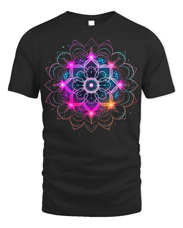Vibrant Mandala Energy T-Shirt Neon Spiritual Art - black t-shirt on white background