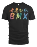 Retro BMX Trick T-Shirt Colorful Bike Rider Silhouette - black t-shirt on white background