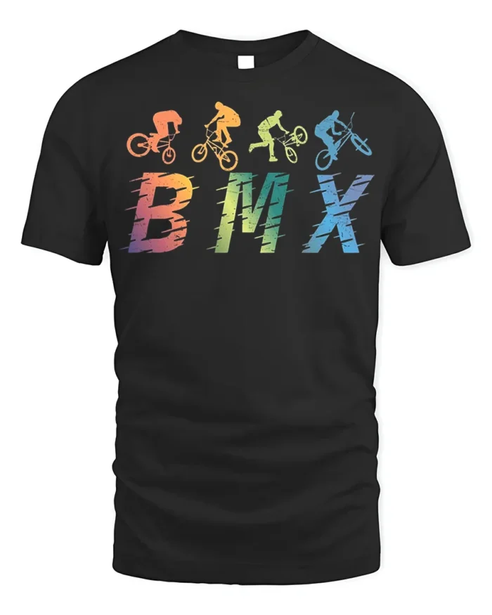 Retro BMX Trick T-Shirt Colorful Bike Rider Silhouette - black t-shirt on white background