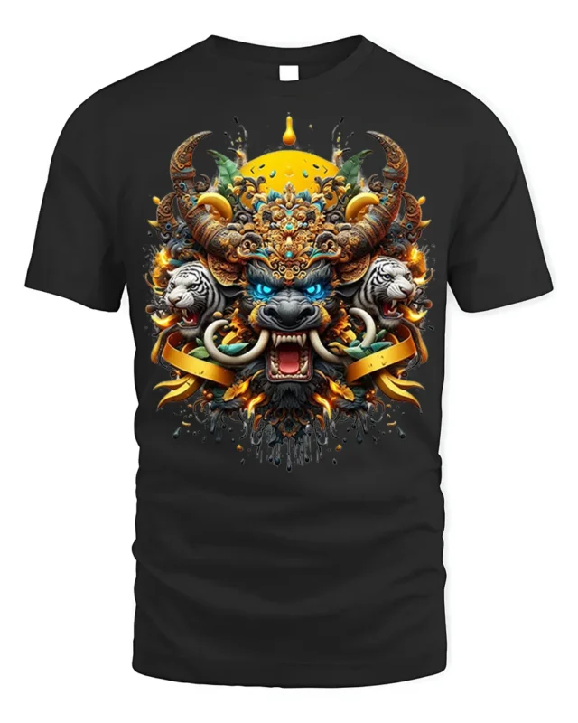 Mythical Beast Warrior T-Shirt Fierce Tribal Animal Art - black t-shirt on white background