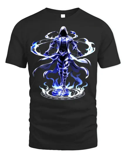 Electric Mage Summoning T-Shirt Blue Magic Power - black t-shirt on white background
