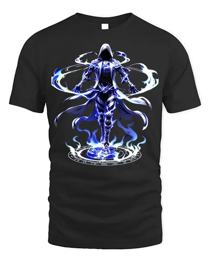 Electric Mage Summoning T-Shirt Blue Magic Power - black t-shirt on white background