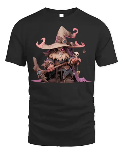 Cute Dark Wizard T-Shirt Cartoon Mage with Skull Staff - black t-shirt on white background