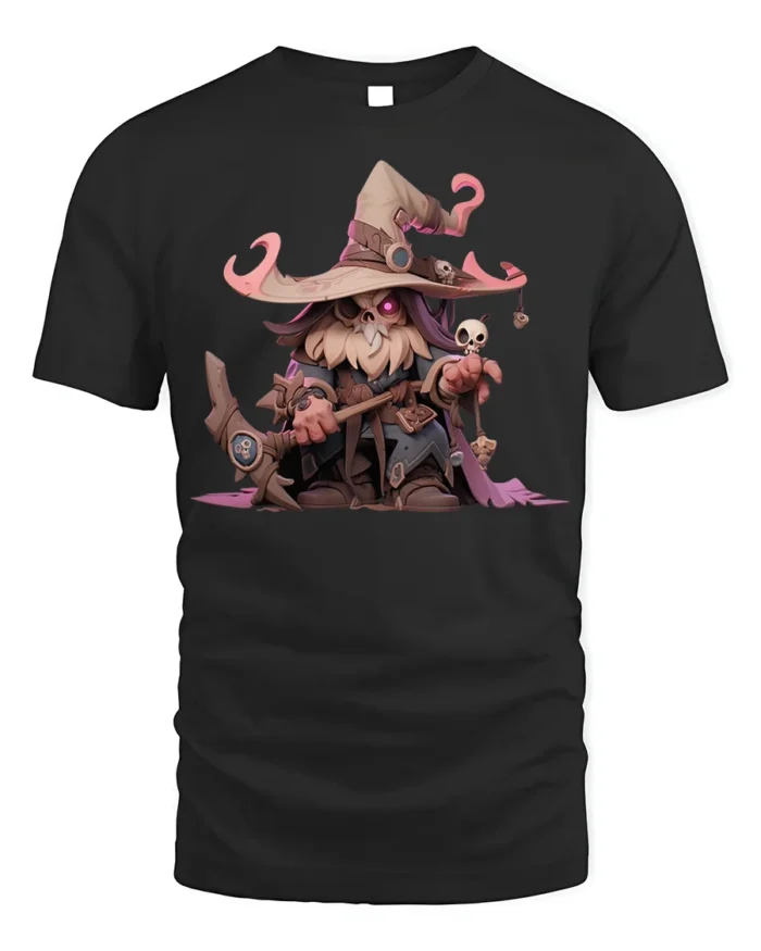 Cute Dark Wizard T-Shirt Cartoon Mage with Skull Staff - black t-shirt on white background