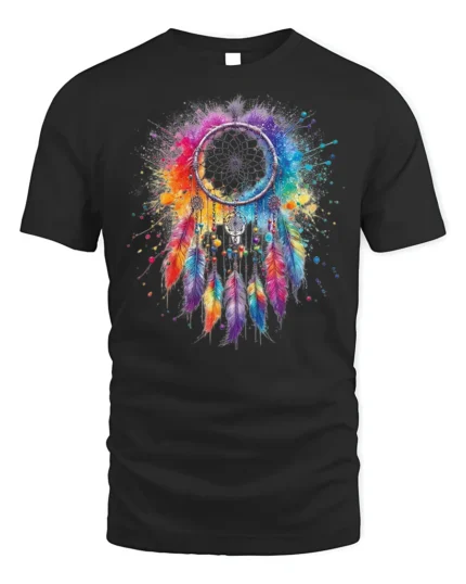 Colorful Dreamcatcher T-Shirt Boho Feather Art - black t-shirt on white background