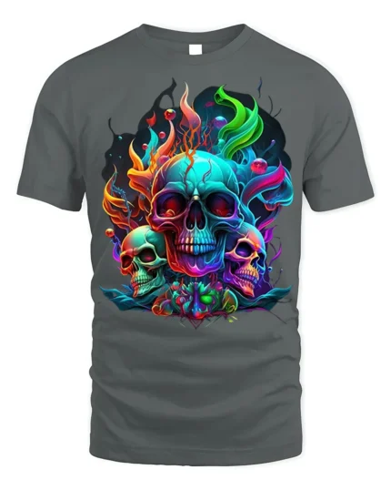 Psychedelic Skull T-Shirt Colorful Gothic Flame Design - gray t-shirt on white background