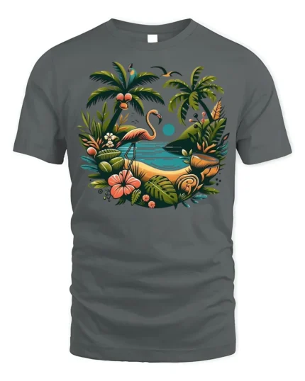 Flamingo Tropical Paradise T-Shirt Island Beach Vibe - gray t-shirt on white background