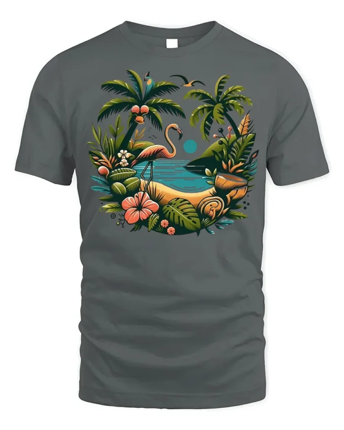 Flamingo Tropical Paradise T-Shirt Island Beach Vibe - gray t-shirt on white background