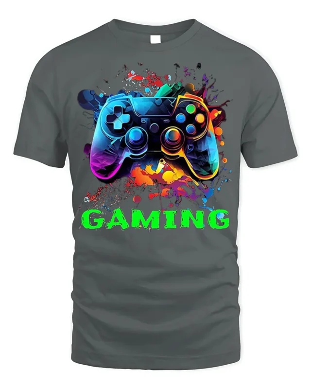 Vibrant Gaming Controller Graphic T-Shirt for Gamers - gray t-shirt on white background