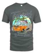 Tropical Beach Surf Van T-Shirt with Vintage Summer Vibe - gray t-shirt on white background