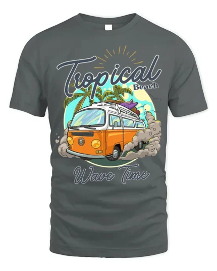 Tropical Beach Surf Van T-Shirt with Vintage Summer Vibe - gray t-shirt on white background
