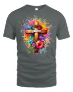 He Is Risen Floral Cross T-Shirt with Color Splash Design - gray t-shirt on white background