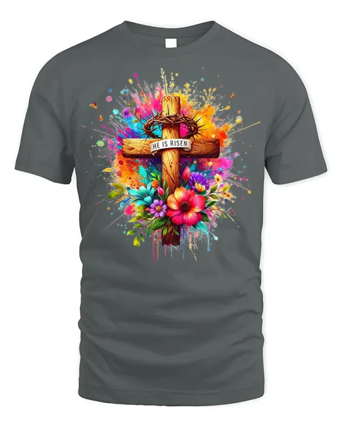 He Is Risen Floral Cross T-Shirt with Color Splash Design - gray t-shirt on white background