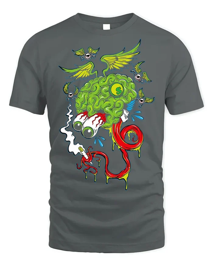 Trippy Brain Cartoon T-Shirt with Flying Eyeballs Design - gray t-shirt on white background