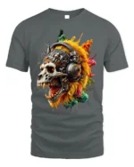 Cyberpunk Lion Skull T-Shirt with Futuristic Headphones - gray t-shirt on white background